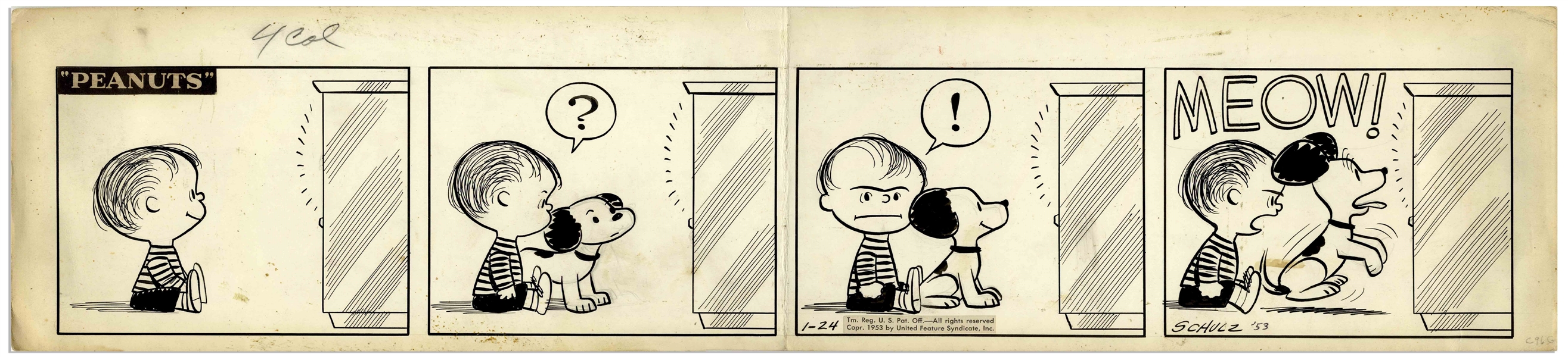 Charles Schulz Original Hand-Drawn Peanuts Comic Strip From January 1953 -- In this Early Strip, Linus & Snoopy Battle Over the TV & Linus Is Shown Without His Blanket
